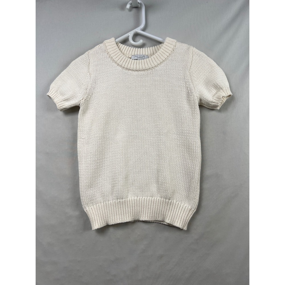 Ann Taylor Weekend Sweater Women XXSP Cream Short Sleeve Ribbed Knit Top Classic